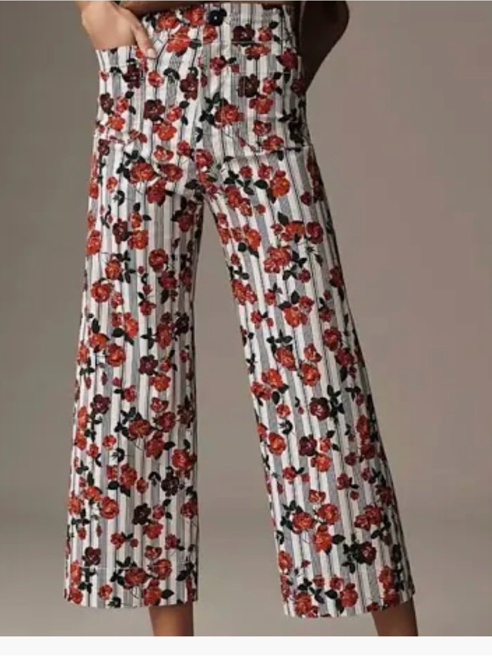 Anthropologie Maeve Collette Floral Rose Stripe Wide-Leg  Crop Pants